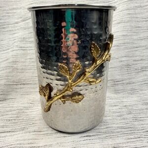 Hammered Silver Brass Vine Galvenized Ice Bucket Utensil Holder Canister 7.5"